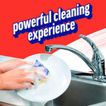 Promotional artwork showing a soapy dish being scrubbed at a sink under the headline “powerful cleaning experience” on a red background.