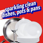 Graphic of sparkling clean dishes, pan and wine glass with headline 'sparkling clean dishes, pots & pans'