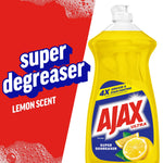 Ajax Ultra lemon dish soap bottle on white background with red panel reading “super degreaser” and foam accents