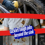 Triptych-style promotional image showing a gloved hand washing a car wheel, a stained t-shirt, and a messy oven interior with text about tough jobs.