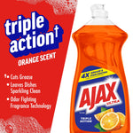 Ajax Ultra orange dish soap bottle on a red background with 'triple action' headline and bulleted benefits