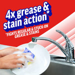 Graphic with sink, soapy sponge scrubbing a plate and headline ‘4x grease & stain action’ for Ajax Ultra
