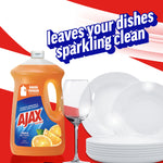 Ajax Ultra bottle beside stacked clean plates and a wine glass with headline 'leaves your dishes sparkling clean' on red and white background.