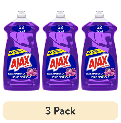 Three purple bottles of Ajax Ultra lavender liquid dish soap shown side-by-side with a 3 Pack label beneath.