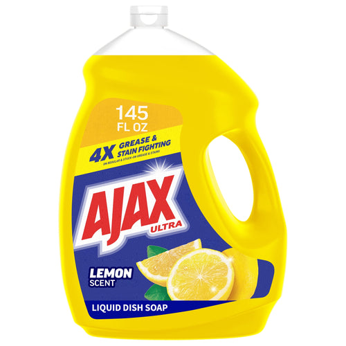 Large yellow Ajax Ultra lemon-scent liquid dish soap jug with label and lemon image