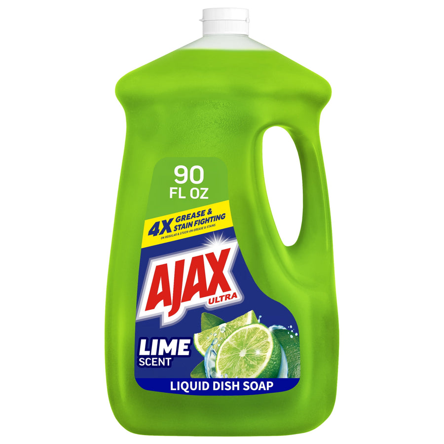 Green Ajax Ultra lime-scent liquid dish soap bottle showing label and handle, 90 fl oz capacity