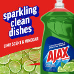 Partial Ajax Ultra lime dish soap bottle against red background with lime slices and 'sparkling clean dishes' text