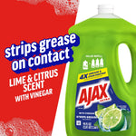 Promotional image of Ajax Ultra lime dish soap bottle with bold text ‘strips grease on contact’ and lime graphic