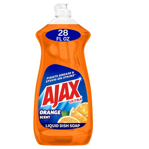 Ajax Ultra orange dishwashing liquid bottle with label showing oranges and 28 fl oz callout