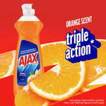 Ajax Ultra orange-scent dish soap bottle on a red background with large orange slices and 'triple action' graphic