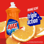 Ajax Ultra orange-scent dish soap bottle with sliced oranges and 'triple action' graphic on red background
