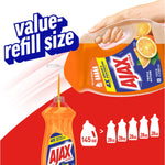 Illustration of a hand pouring Ajax Ultra value refill into a smaller bottle with 'value-refill size' text