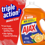 Partial view of an Ajax Ultra orange dish soap jug against red background with 'triple action' text and product benefits