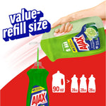 Illustration of pouring Ajax Ultra from a large refill bottle into a smaller bottle with ‘value-refill size’ text and bottle icons