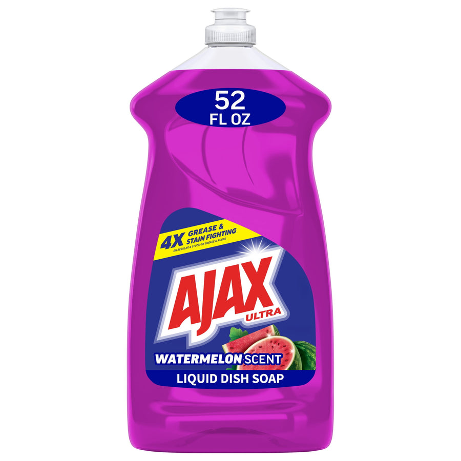 Bright pink bottle of Ajax Ultra liquid dish soap with watermelon image and 52 fl oz label