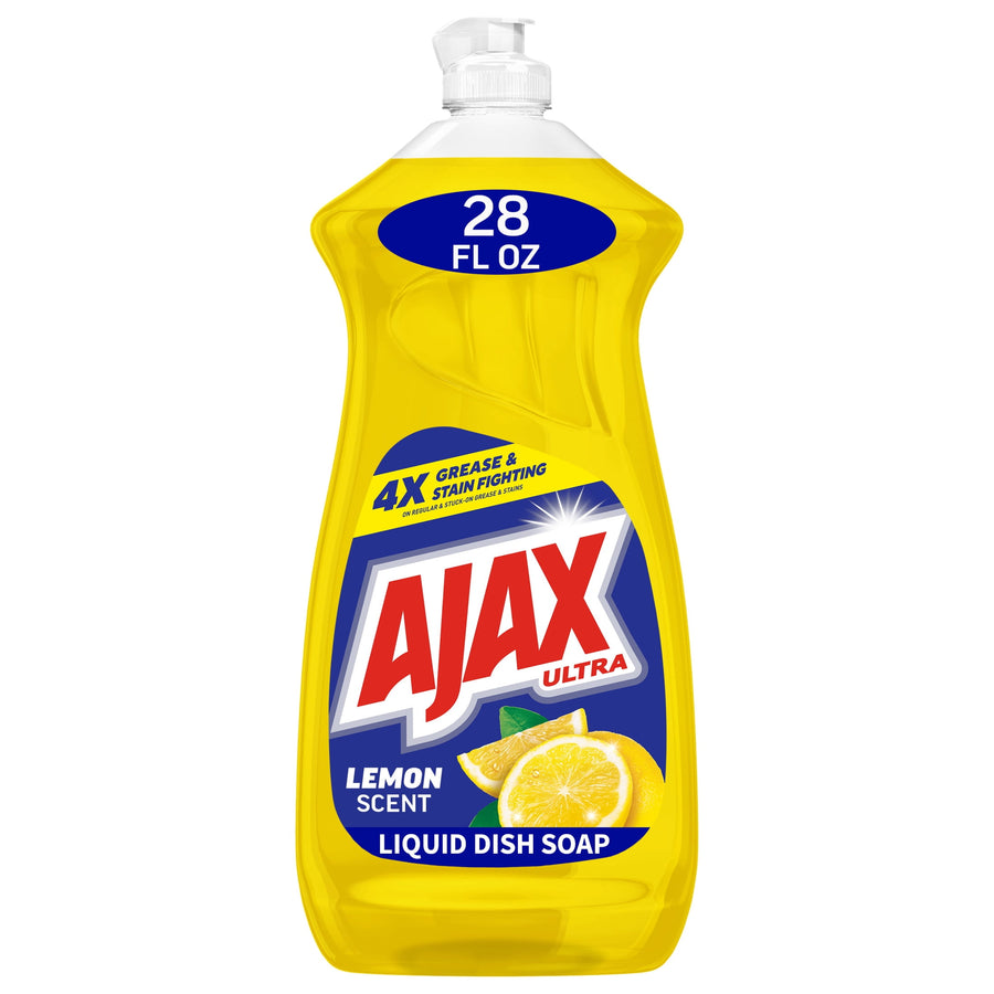 Front-facing bottle of yellow Ajax Ultra liquid dish soap with lemon graphic and 28 fl oz oval label