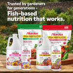 Product lineup image featuring Alaska Morbloom and other Alaska fish fertilizer products arranged on a wood surface
