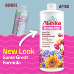New look vs old look graphic showing Alaska Morbloom bottle with arrow and text 'New Look Same Great Formula'