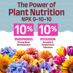 Informational graphic showing 'The Power of Plant Nutrition NPK 0-10-10' with 10% phosphorus and potassium and floral border