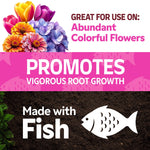Promotional panel with colorful flower illustration, text promoting abundant colorful flowers and 'Made with Fish' badge