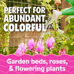 Lifestyle-style image of watering can sprinkling water over pink flowers with text about abundant colorful blooms