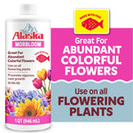 White Alaska Morbloom 0-10-10 plant food bottle with colorful flower graphics and bold product branding