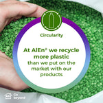 Circular sustainability graphic showing hands holding green plastic pellets and text about recycling by the manufacturer AlEn