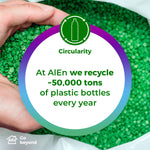 Circular graphic over hands holding green plastic pellets stating AlEn recycles ~50,000 tons of plastic bottles yearly