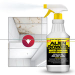 Alien Power spray bottle beside before-and-after ceiling tile images illustrating mold removal effect