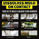 Infographic titled 'dissolves mold on contact' with before-and-after photos for tubs, gutters, siding, patio furniture, tile ceilings and fences