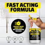 Hand holding Alien Power spray bottle aimed at tiled wall with headline 'fast acting formula' and icons for spray, wipe, sparkle