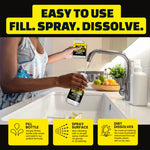 Lifestyle-style image showing a person filling a bottle from a kitchen faucet with instructions 'fill, spray, dissolve'