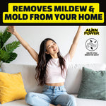 Woman stretching on a couch beside Alien Power logo and headline 'removes mildew & mold from your home' suggesting clean indoor air comfort