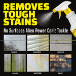 Graphic panel showing spray bottle and text 'removes tough stains' with sample tiles of mold, mildew, water, algae, nicotine and soot