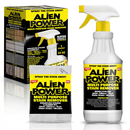 Product shot of Alien Power multi-purpose stain remover kit with spray bottle and packet on white background