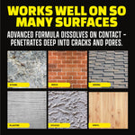 Surface material grid graphic showing stone, brick, siding, plaster, stucco and vinyl with claim 'works well on so many surfaces'