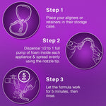 Instructional graphic with three steps showing placing aligners in case, dispensing foam and rinsing after five minutes for cleaning aligners.