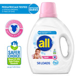 All baby detergent bottle with pink cap shown with icons for 'pediatrician tested' and 'Safer Choice' alongside '58 LOADS' text