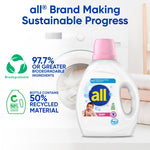 All baby detergent bottle with pink cap in front of a washing machine and sustainability icons noting biodegradable ingredients and recycled bottle material