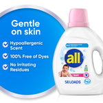 All baby detergent bottle with pink cap shown beside blue circle reading 'Gentle on skin' and callouts about hypoallergenic and dye-free