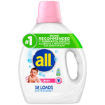 White all baby liquid detergent bottle with pink cap, all logo and baby image, '58 LOADS' visible