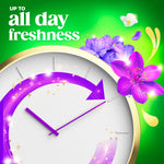 Clock illustration with purple arrow and floral accents with copy 'up to all day freshness' on green background.