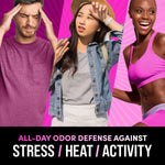 Triptych-style graphic showing three different people with bold text promising all-day odor defense against stress, heat, activity