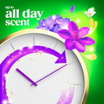 Clock graphic with purple arrow and flowers on green background with text 'up to all day scent' promoting long-lasting fragrance
