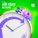 Close-up graphic of a clock with floral accents and text 'up to all day scent' against a green background
