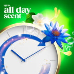 Stylized clock and blue waterlily on a green background with copy 'up to all day scent' and sparkling bubble graphics
