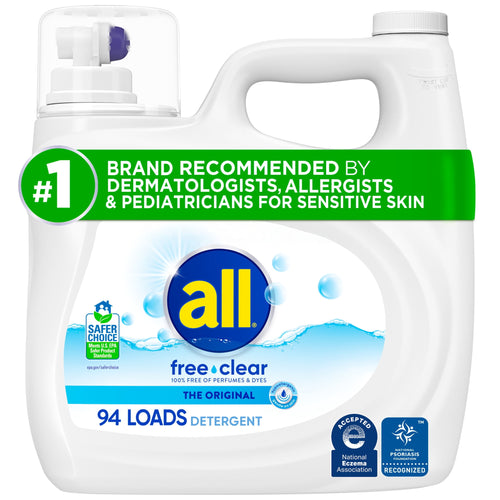 White all free clear liquid detergent jug with label showing brand logo and 94 loads claim