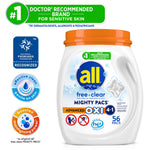 container of all free clear advanced oxi 4-in-1 mighty pacs laundry detergent with orange lid showing 56 pacs on the label