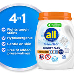 all free clear advanced oxi mighty pacs container with 56 pacs text and feature checklist on blue background