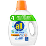 Front-facing all® free clear advanced OXI liquid detergent bottle with green recommendation label and orange cap